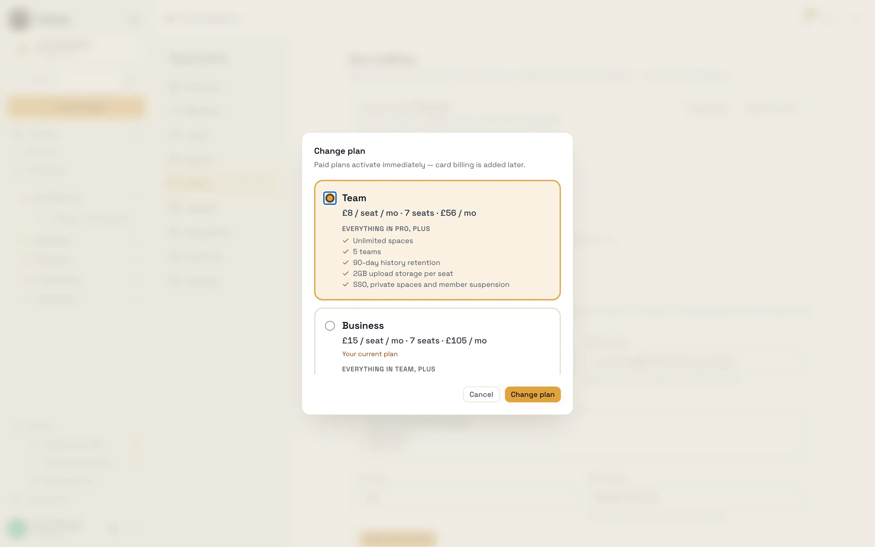 The Change plan chooser with the Team plan selected, showing its price for the organisation's seats and what it includes