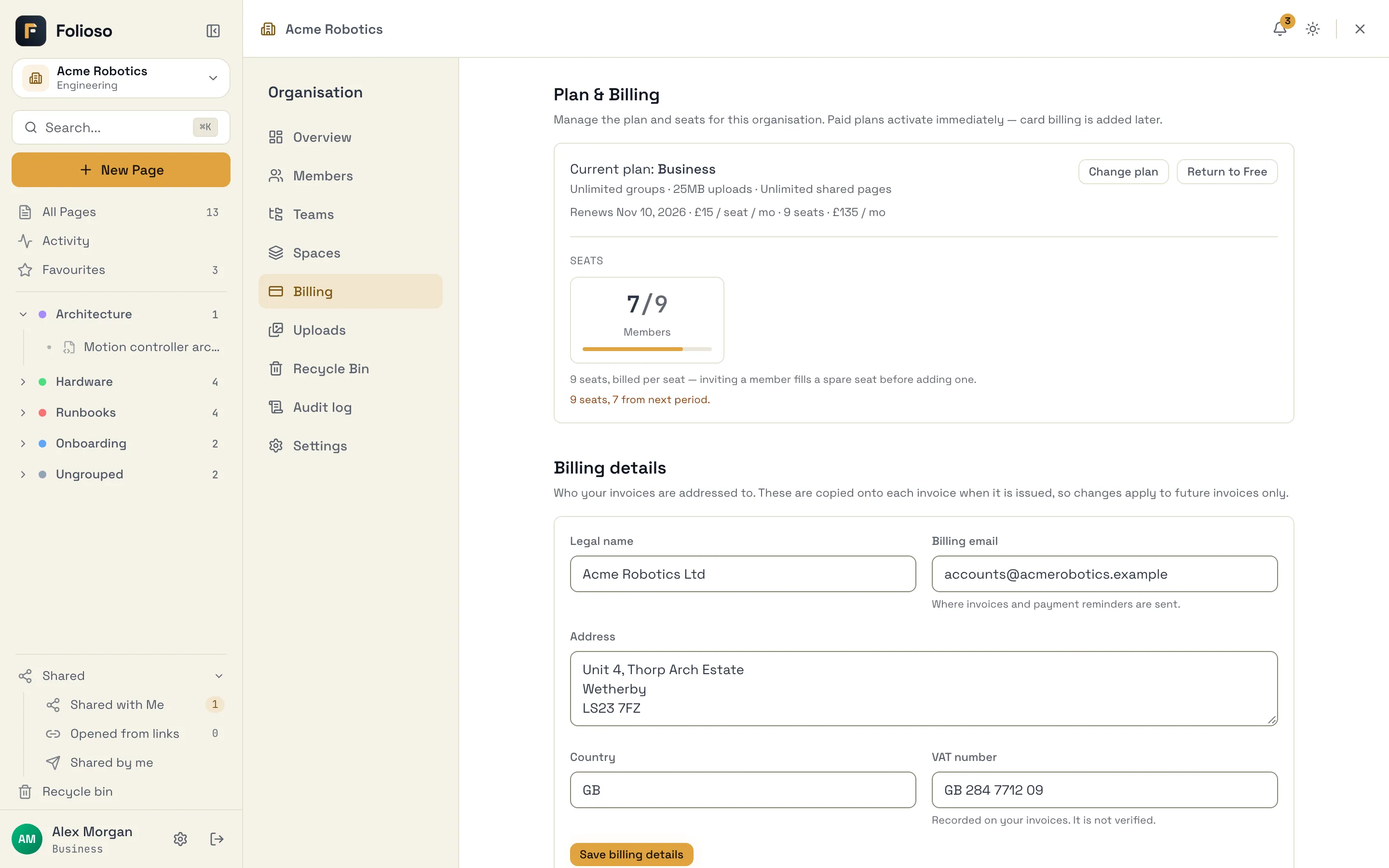 The Billing page of an organisation on a per-seat plan, with its Seats meter and a seat decrease waiting for the next period