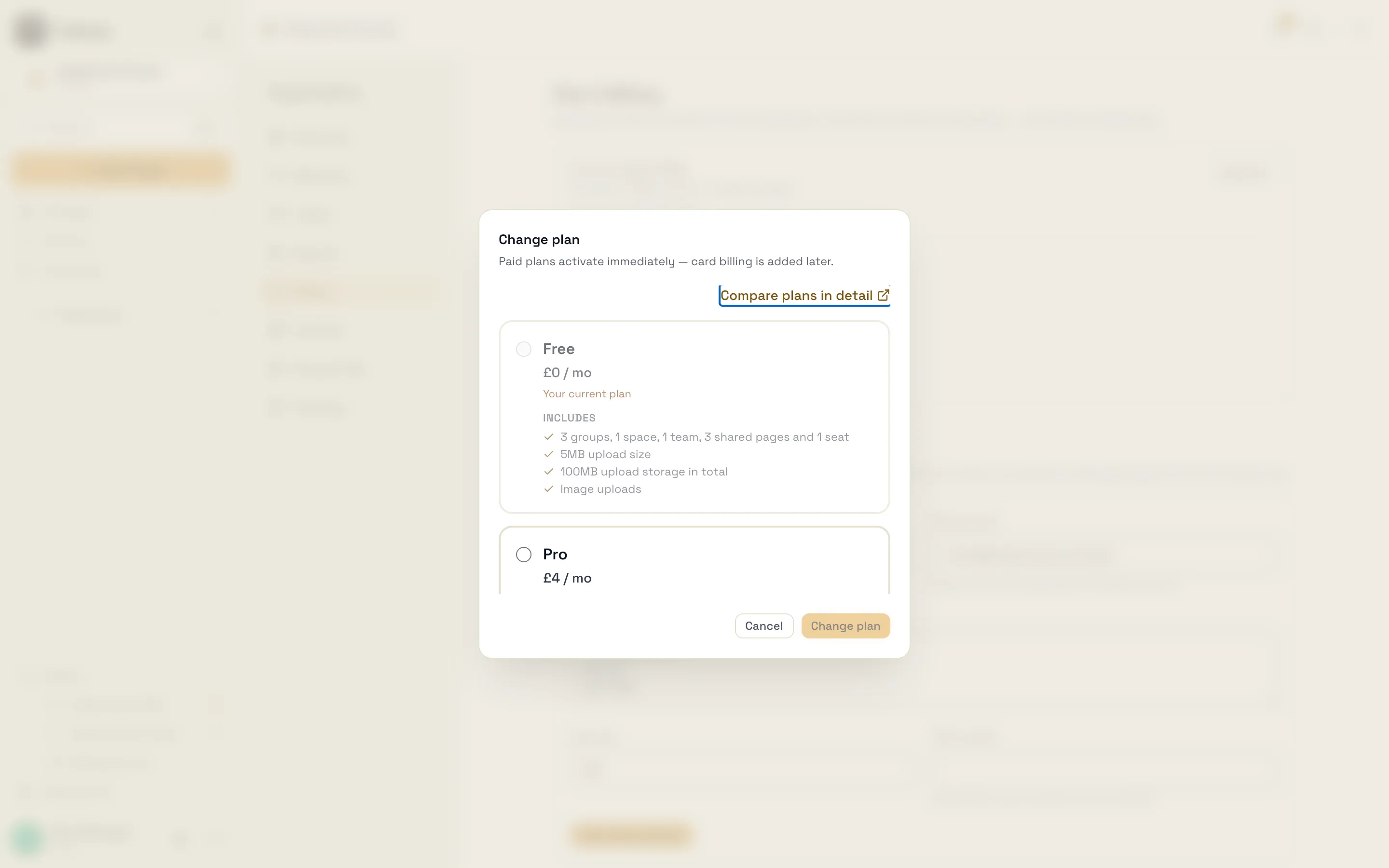 The Change plan chooser opened from Upgrade on a Free organisation, with Free labelled as your current plan
