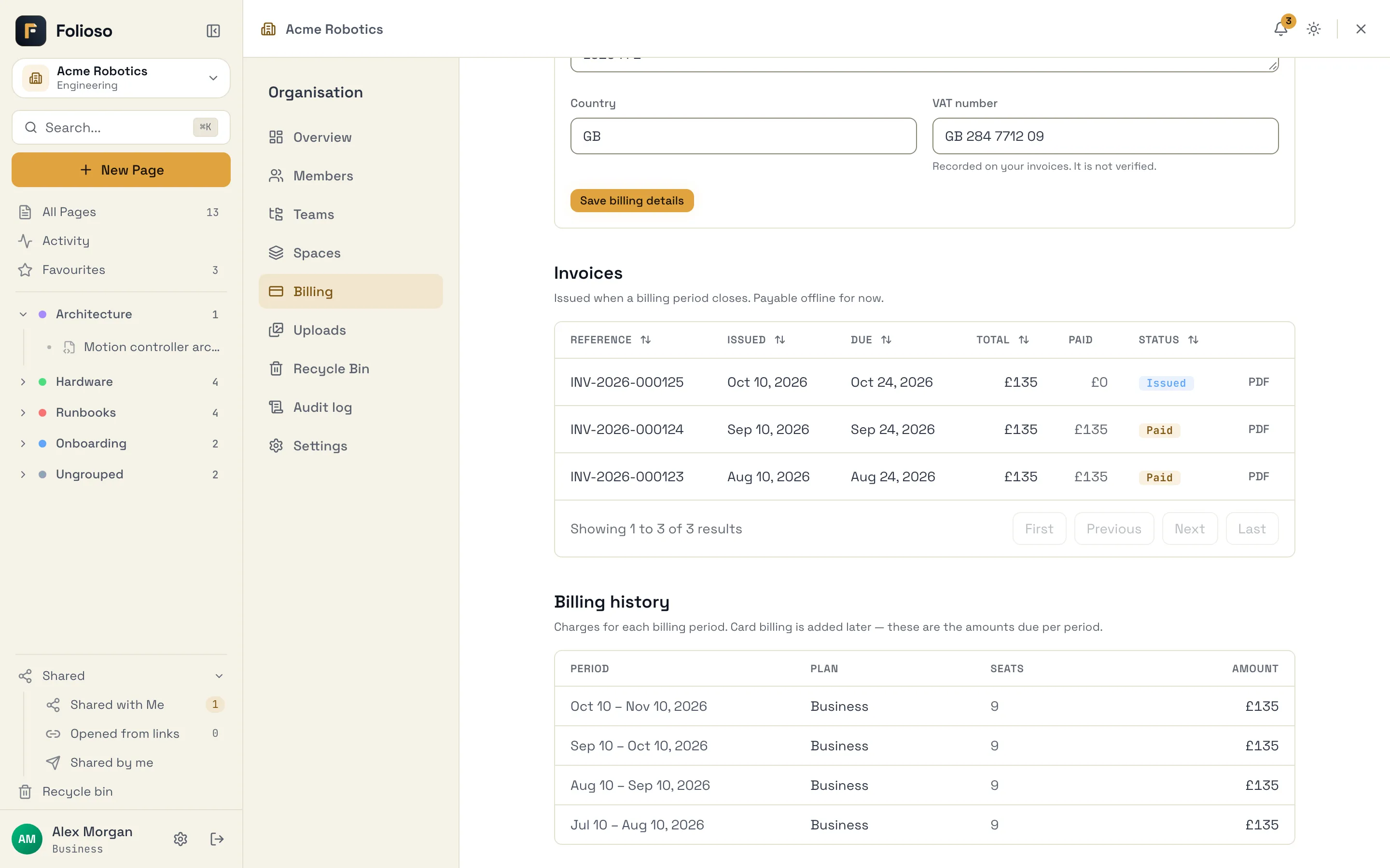The Invoices table on the Billing page, with Billing history below it