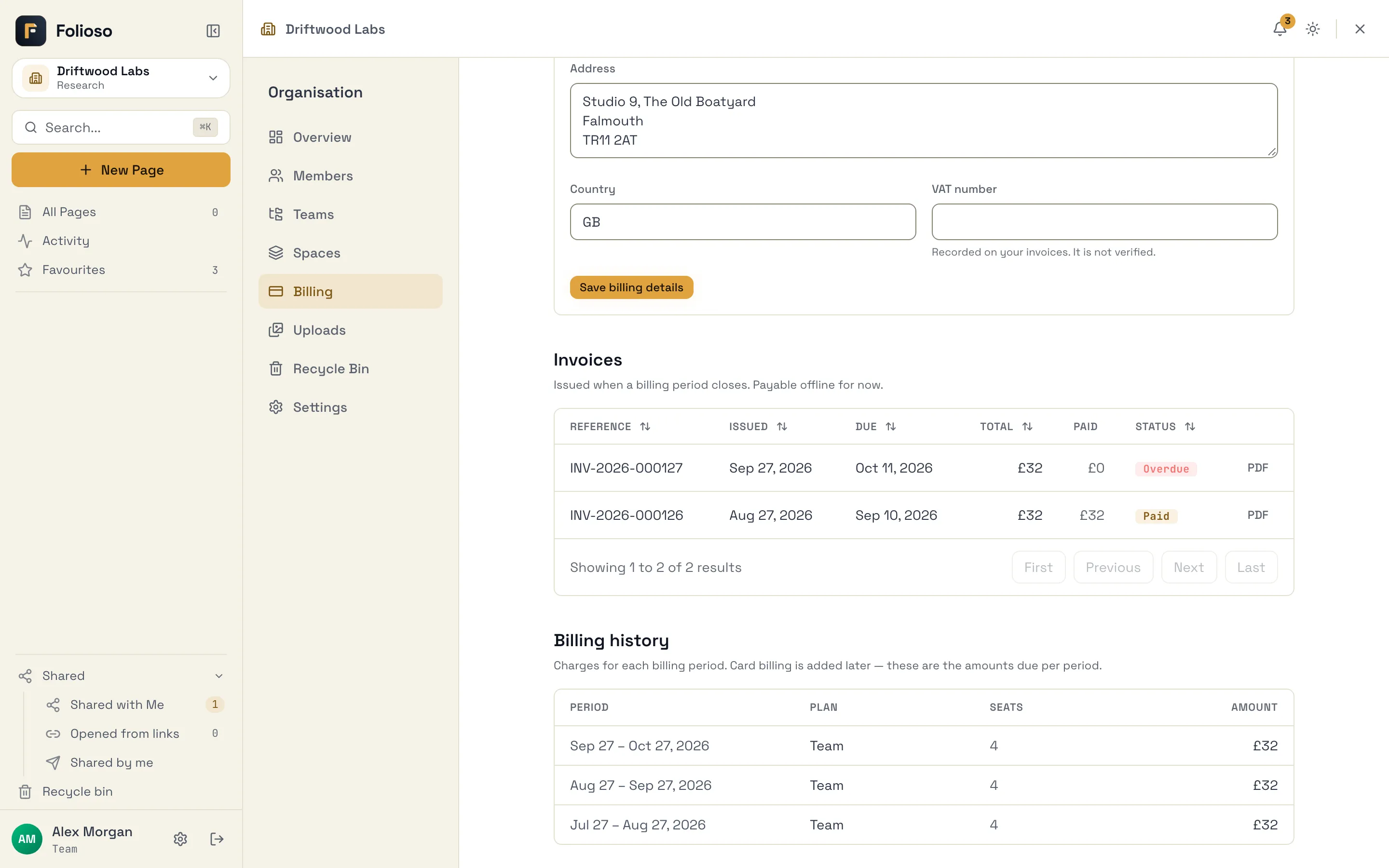 The Invoices table on the Billing page, with one invoice marked Overdue and an earlier one Paid