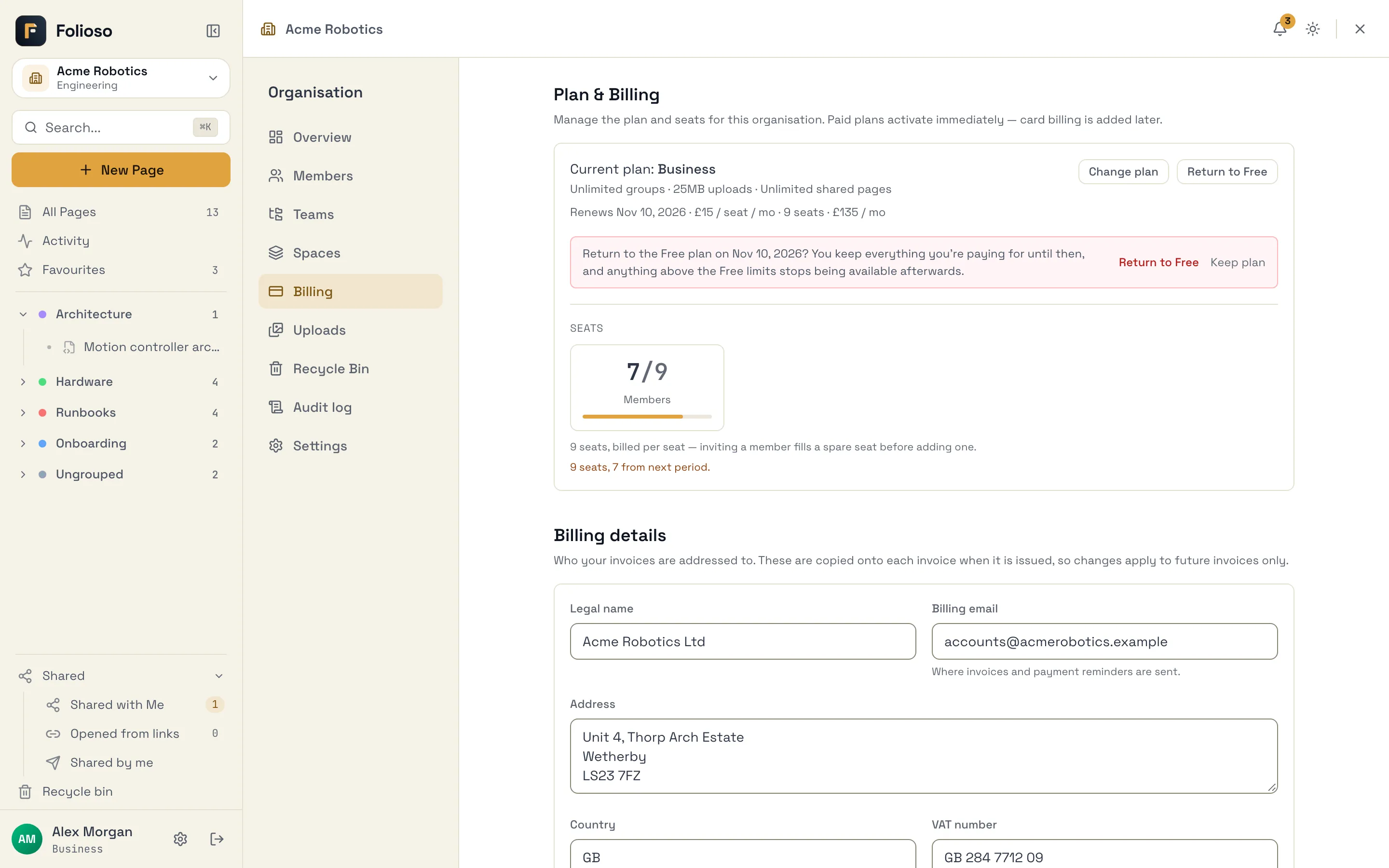 The confirmation strip on the Billing page, with Return to Free and Keep plan
