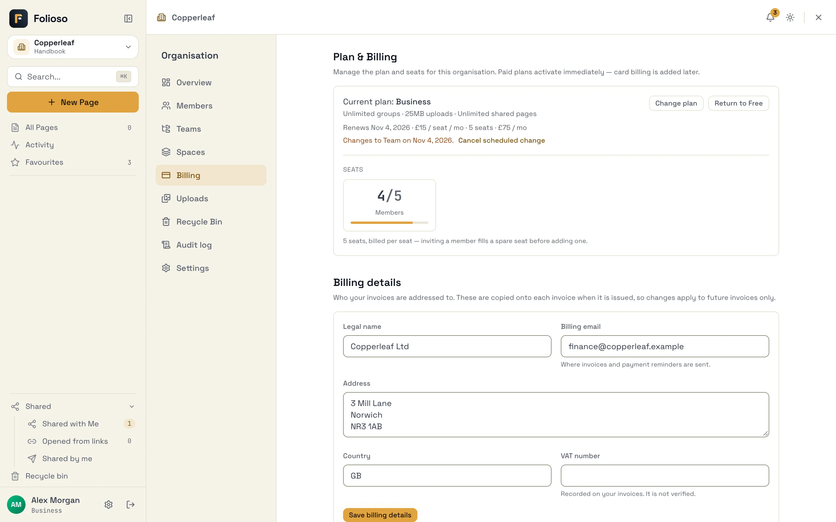 The Billing page announcing a scheduled change to another plan on the renewal date, with Cancel scheduled change next to it