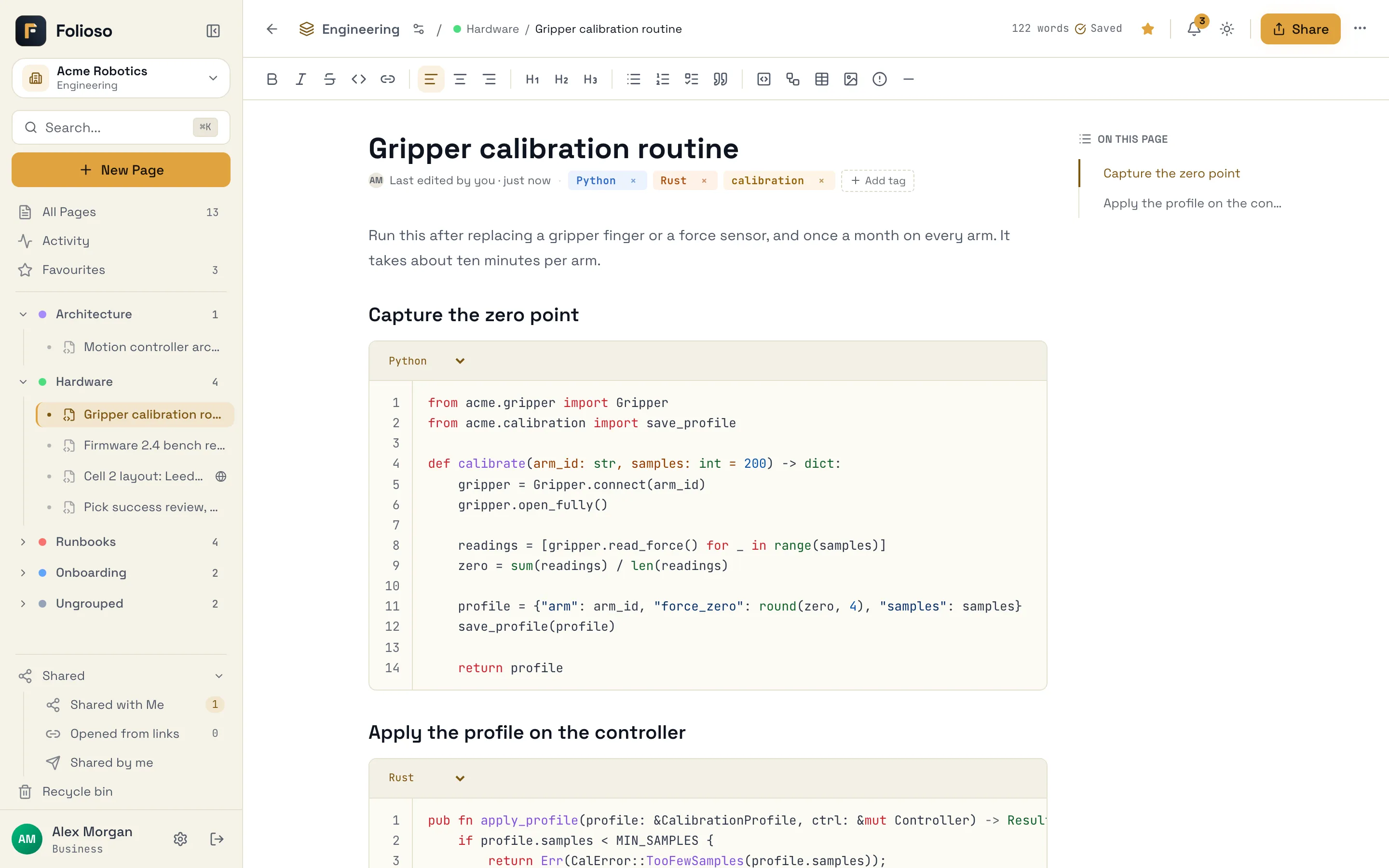 A page with highlighted Python and Rust code blocks, each with line numbers and a language menu