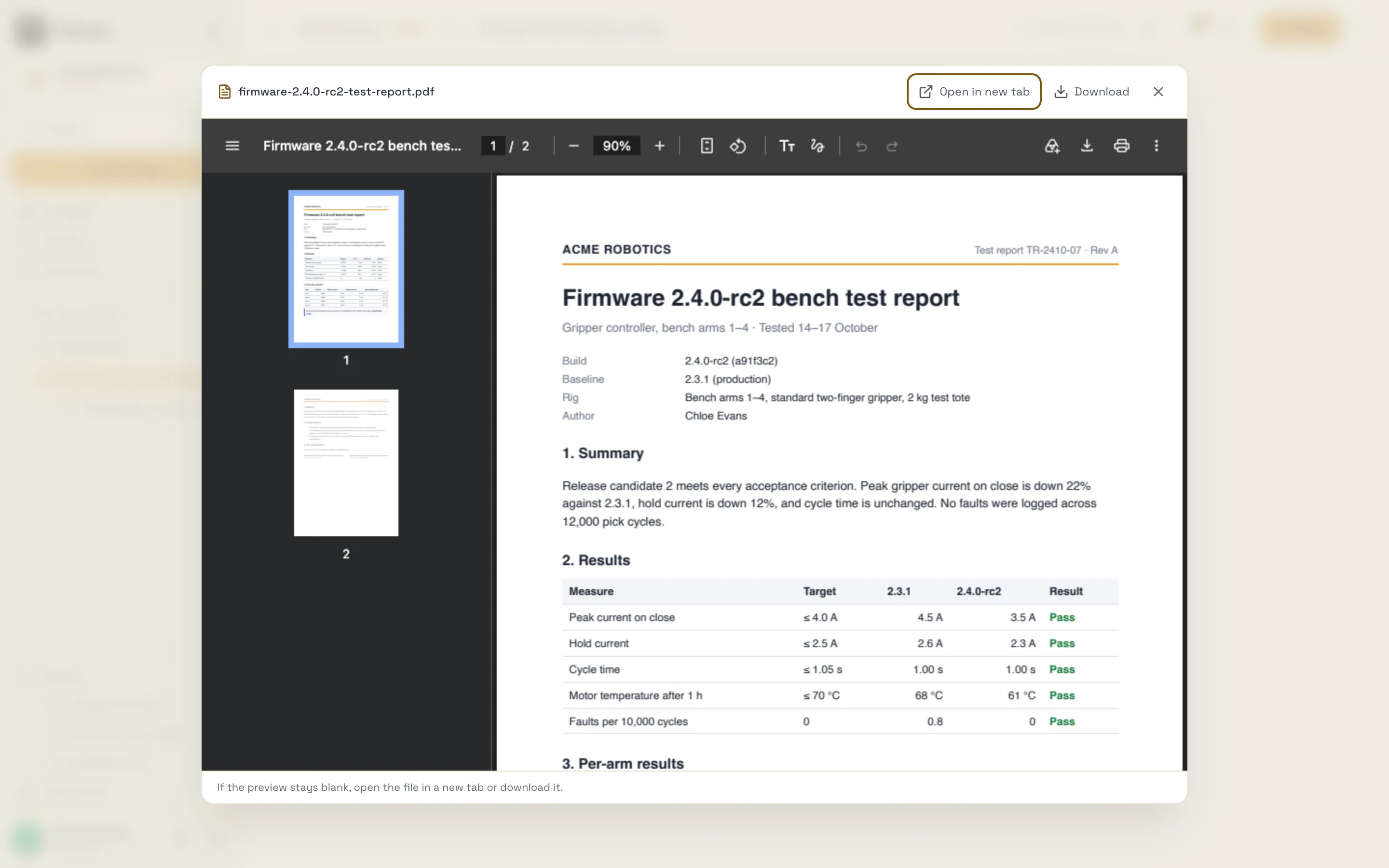 A PDF previewed on top of the page, with Open in new tab and Download in the preview header