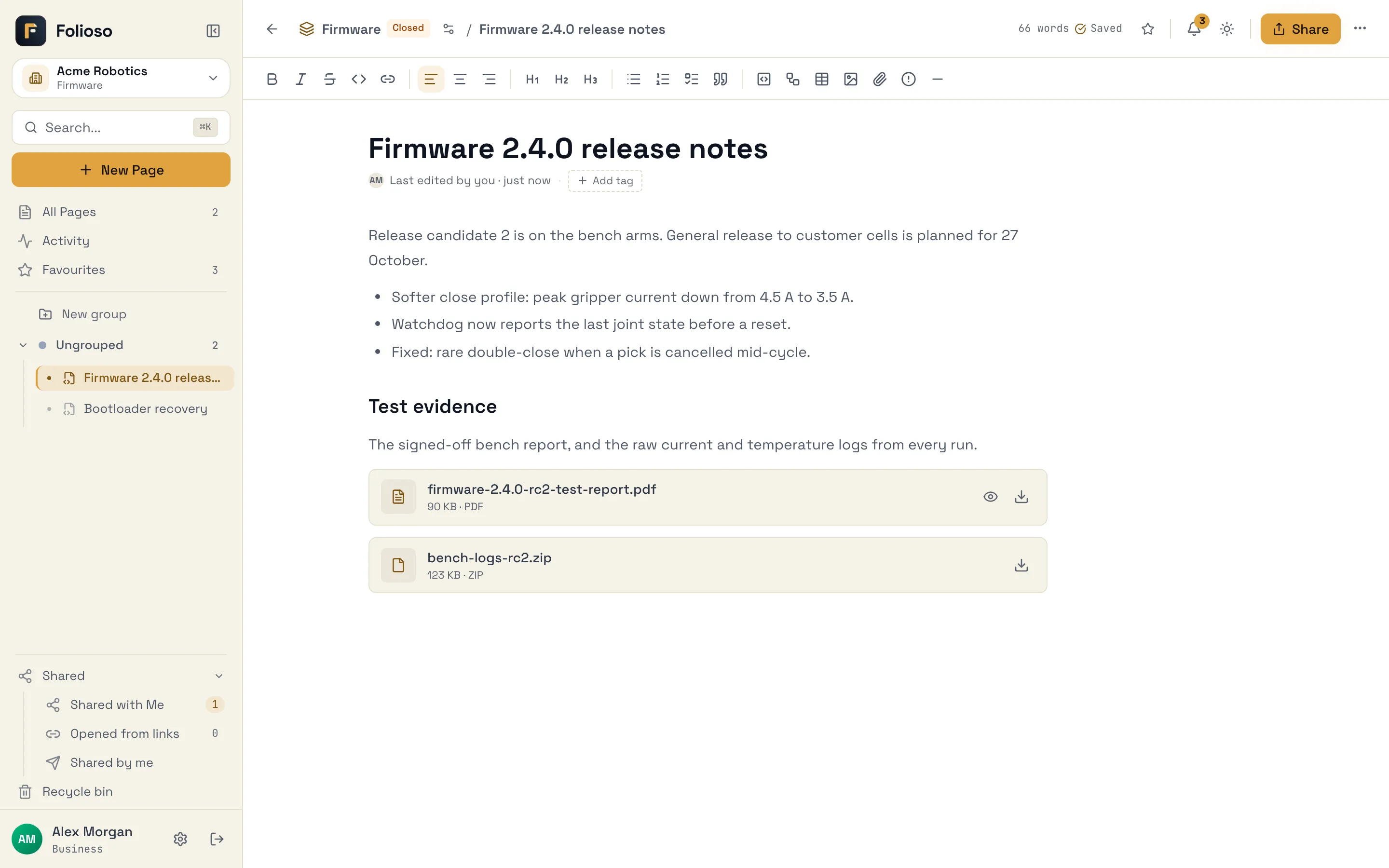 A page with a PDF test report and a zip of logs attached under a Test evidence heading