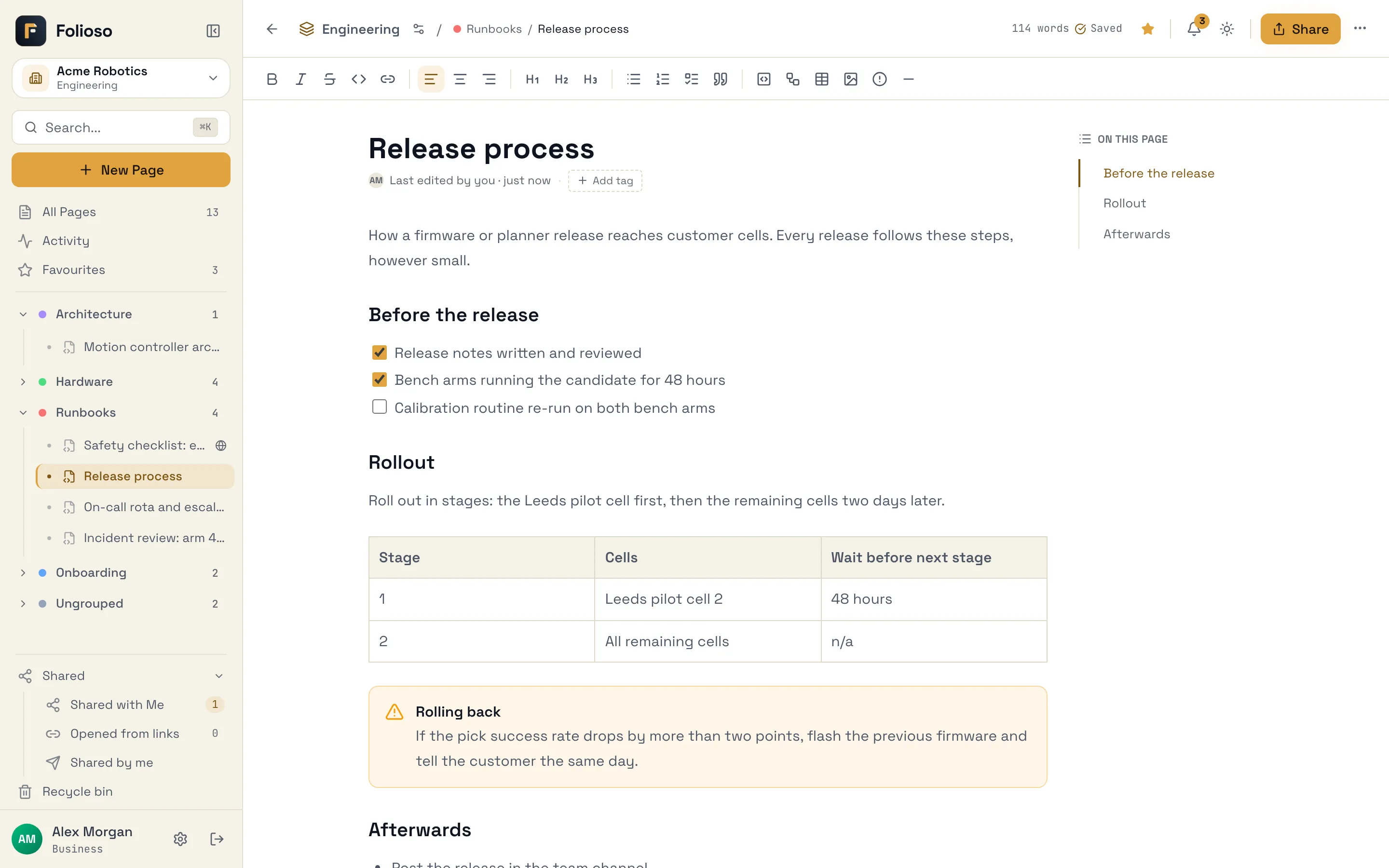 A page open in the editor with its formatting toolbar