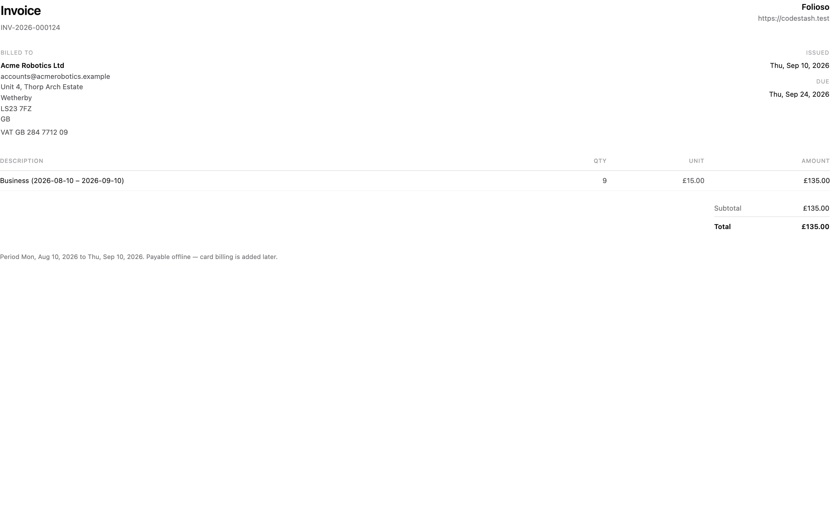 An invoice document showing Billed to, the issue and due dates, one line per billing period and the total