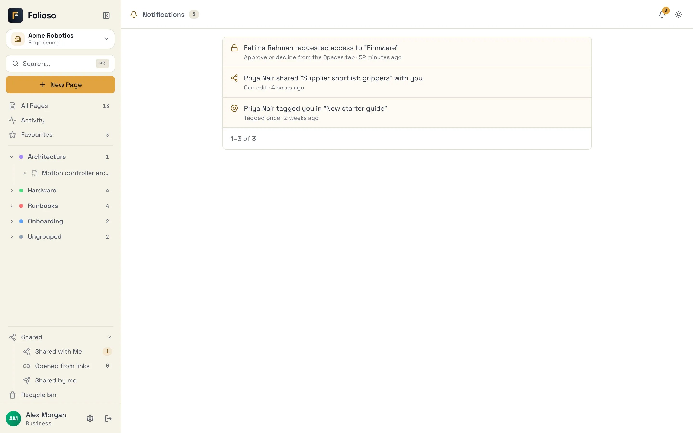 The Notifications page, with an access request, a page shared with you and a mention