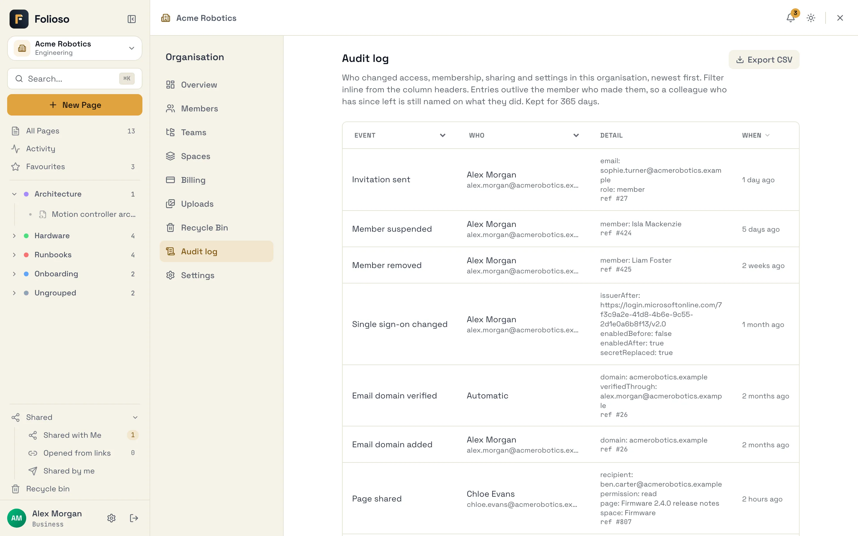 The audit log, newest first, with filters in the Event and Who column headers and Export CSV