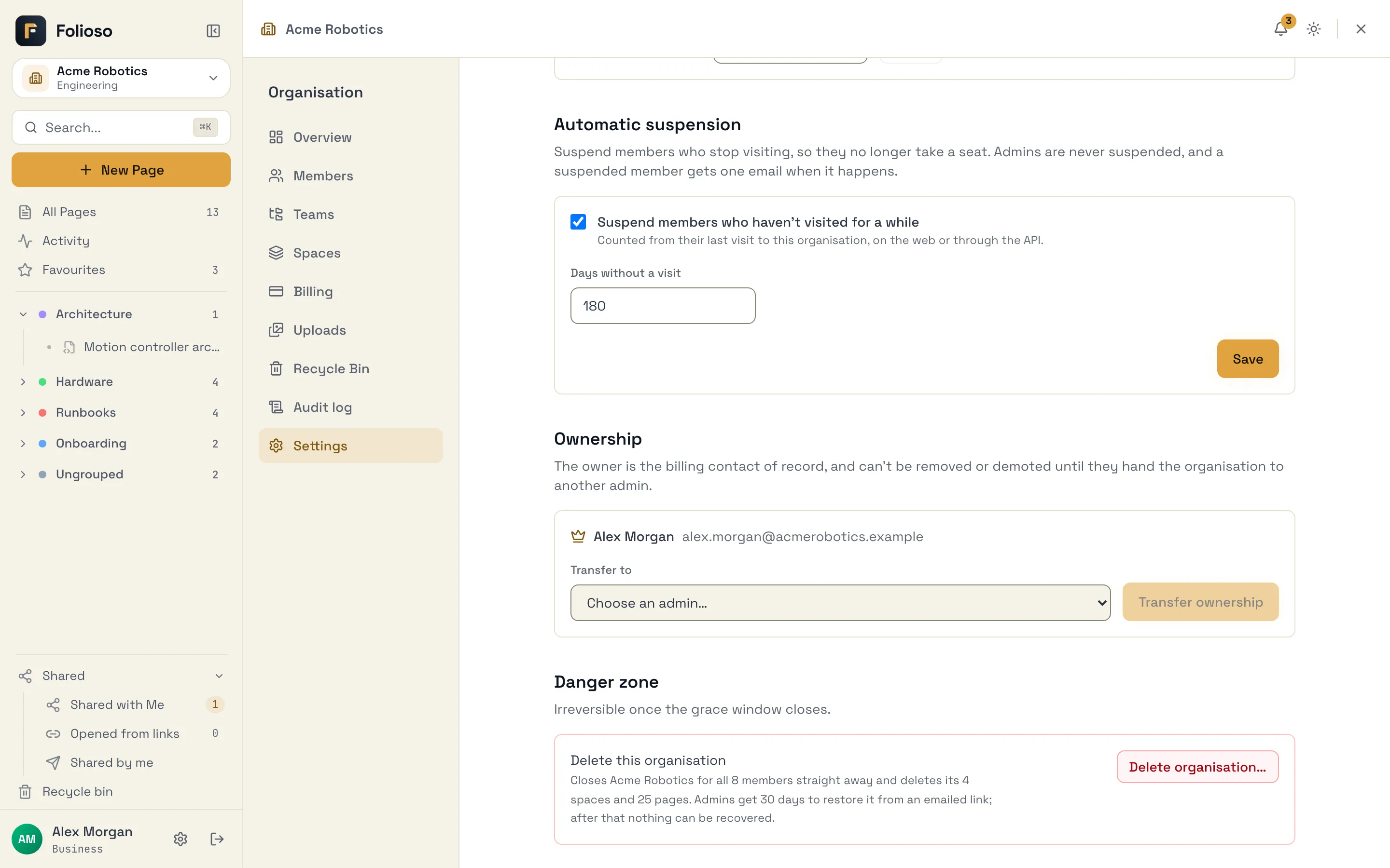 The Automatic suspension section of organisation Settings, turned on with Days without a visit filled in