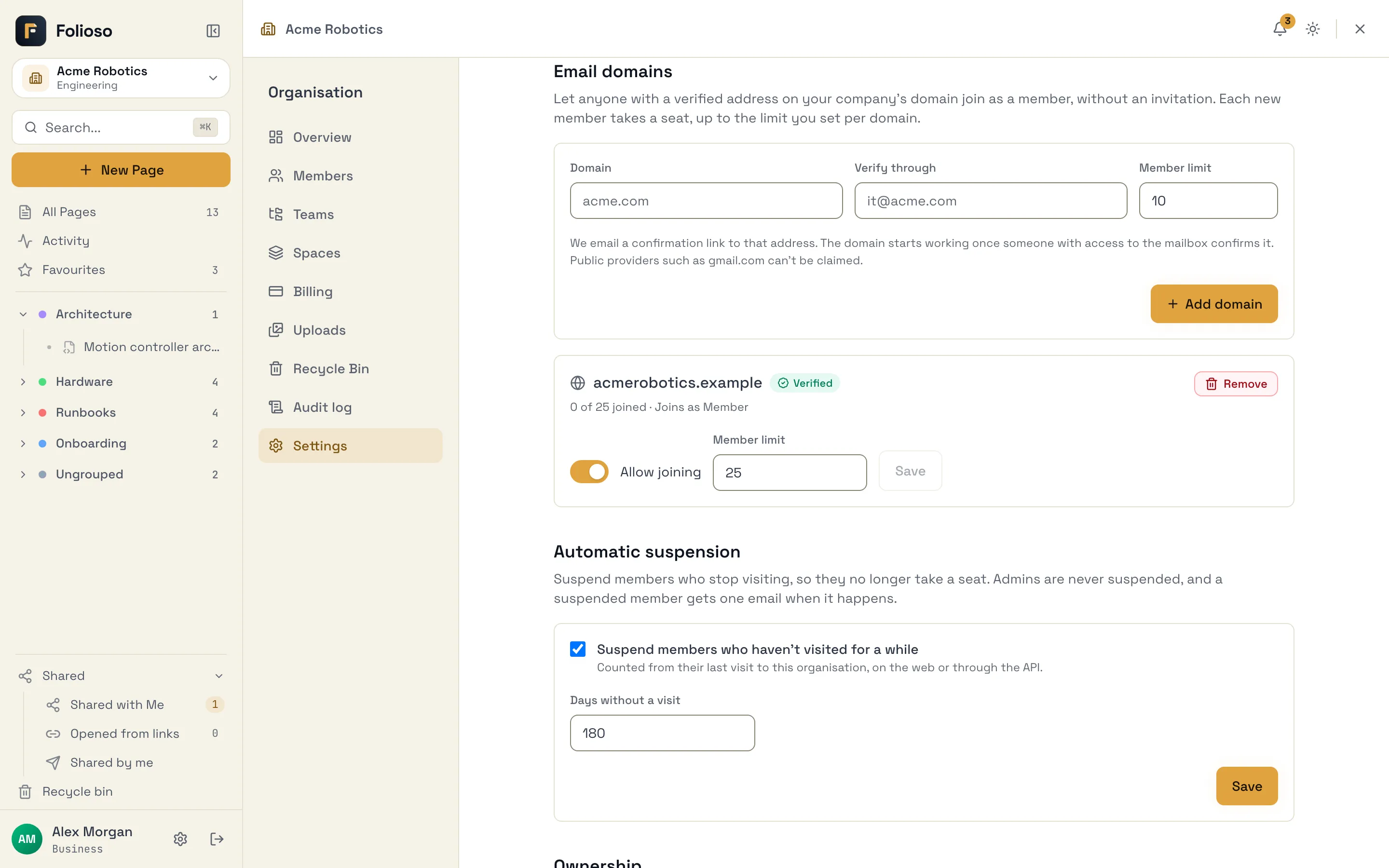 The Email domains section of organisation Settings, with the add form above a verified domain and its Allow joining switch and Member limit
