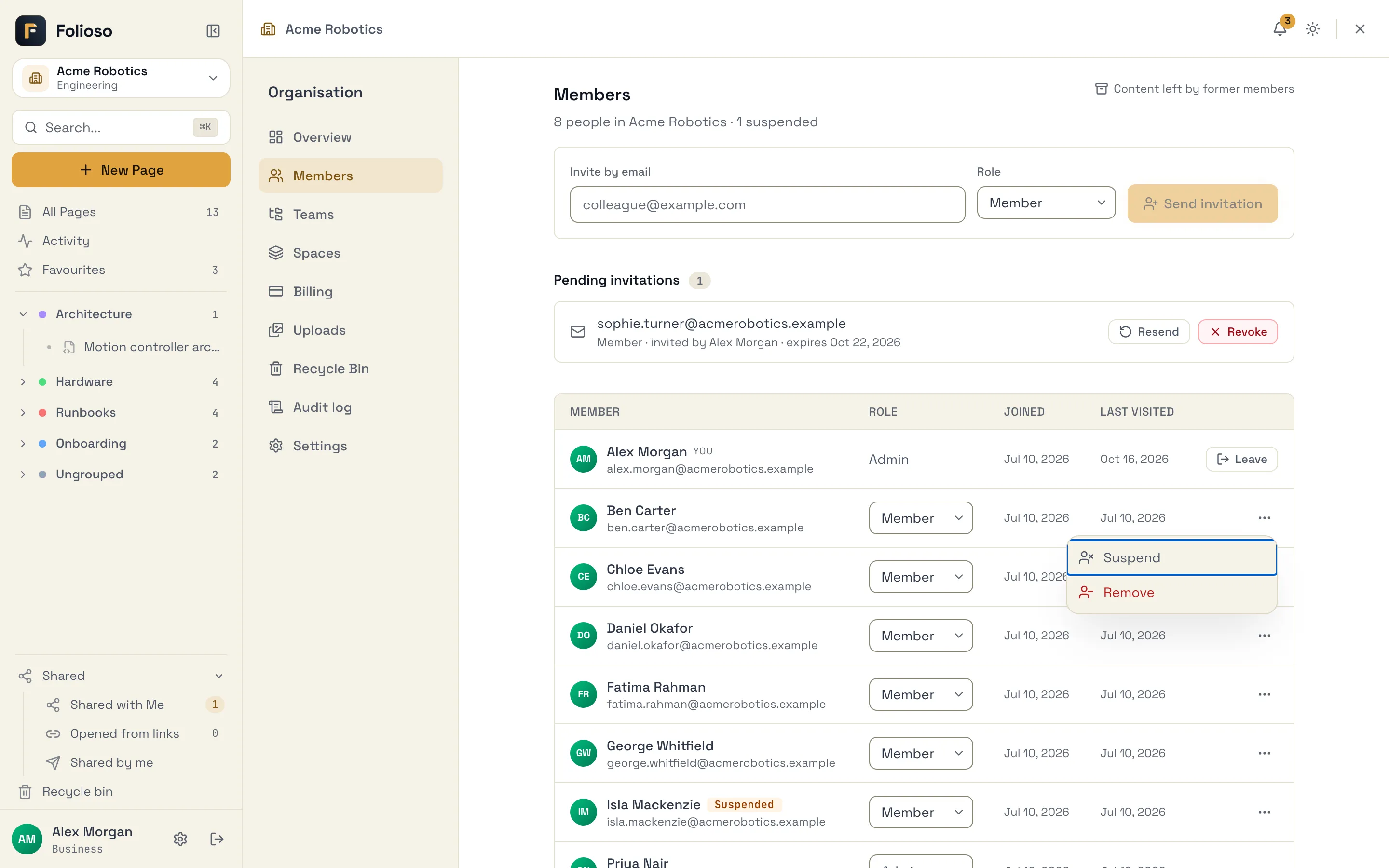 The actions menu open on a member's row, with Suspend and Remove