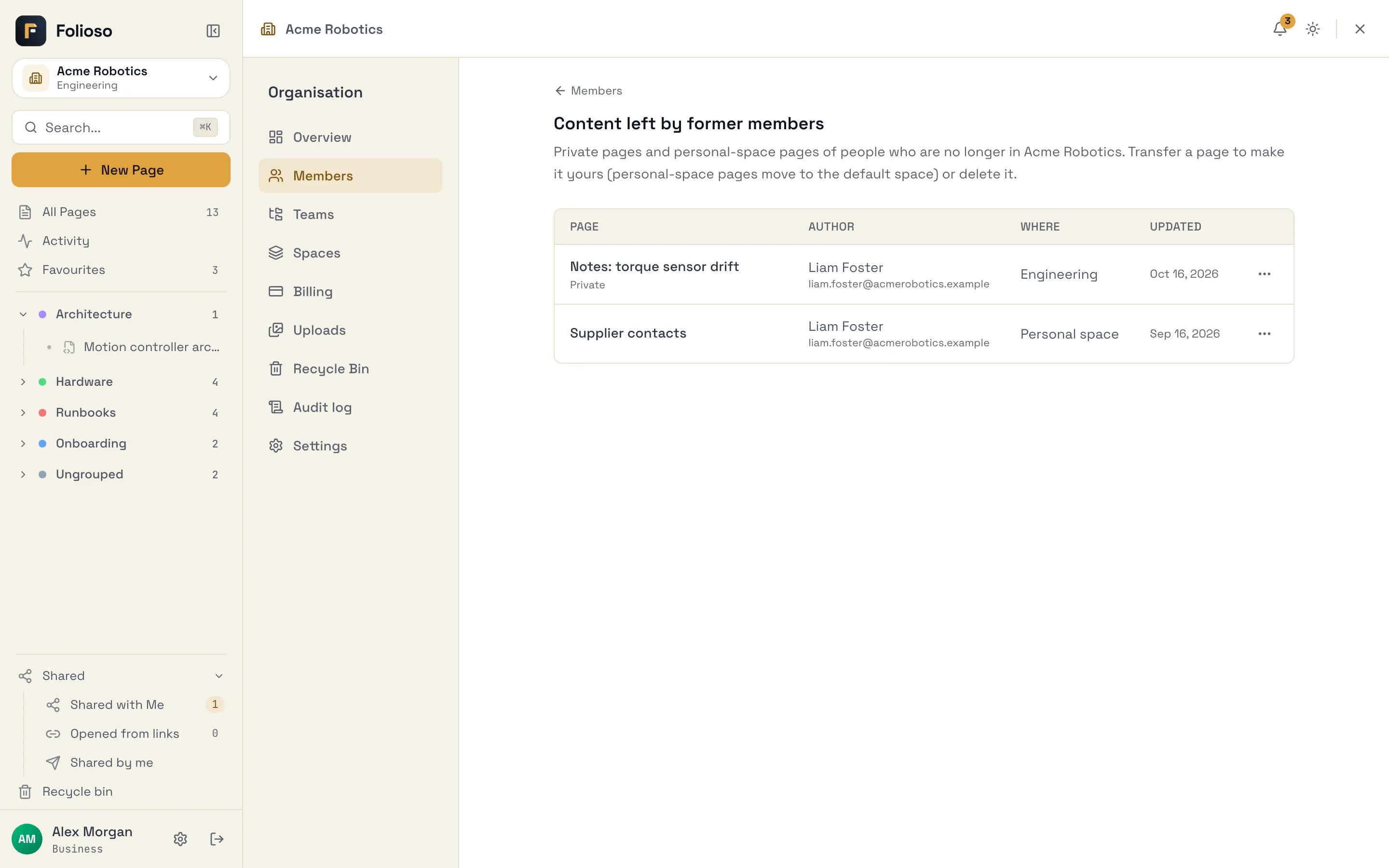 Content left by former members, listing a private page in a shared space and a page in a personal space, each with an actions menu