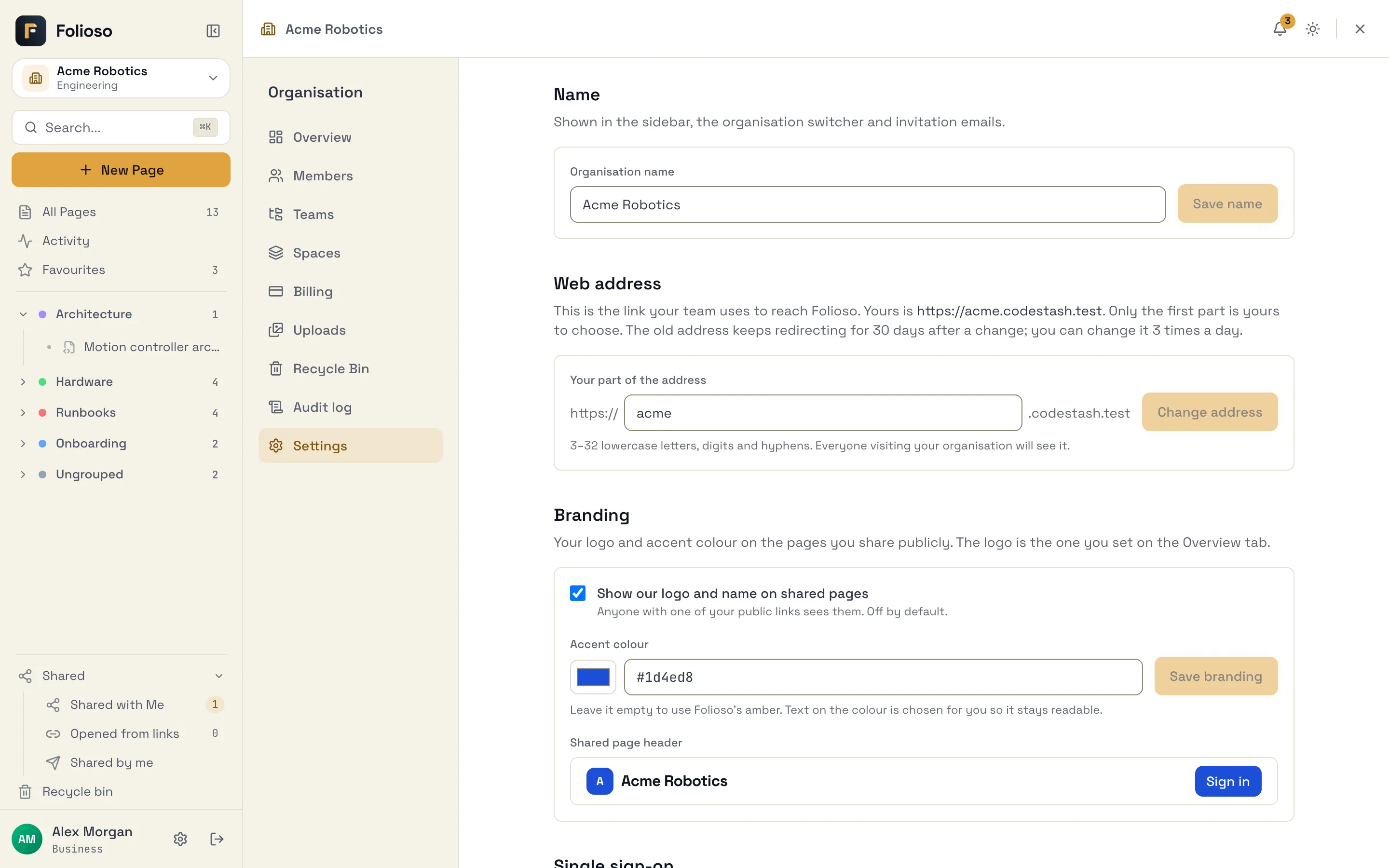 Organisation settings with the name, web address and branding sections
