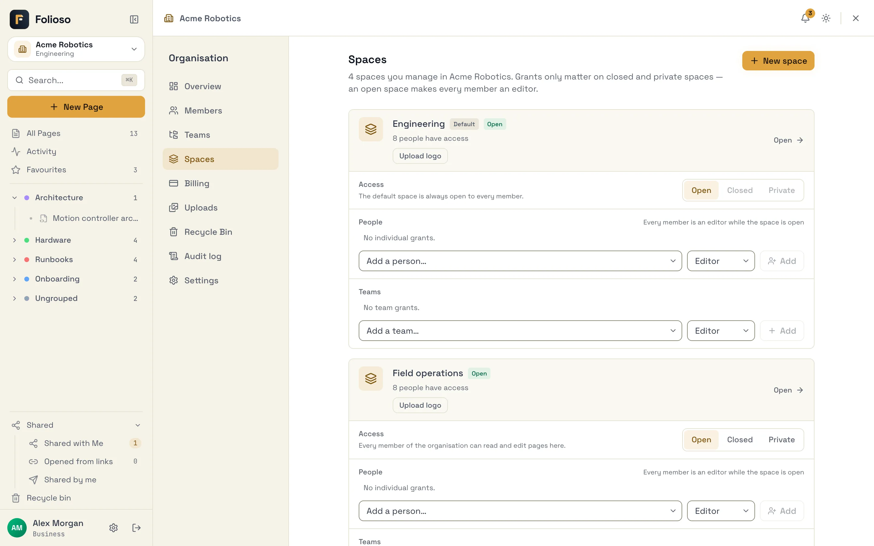 The Spaces tab with access settings, people and teams for each space