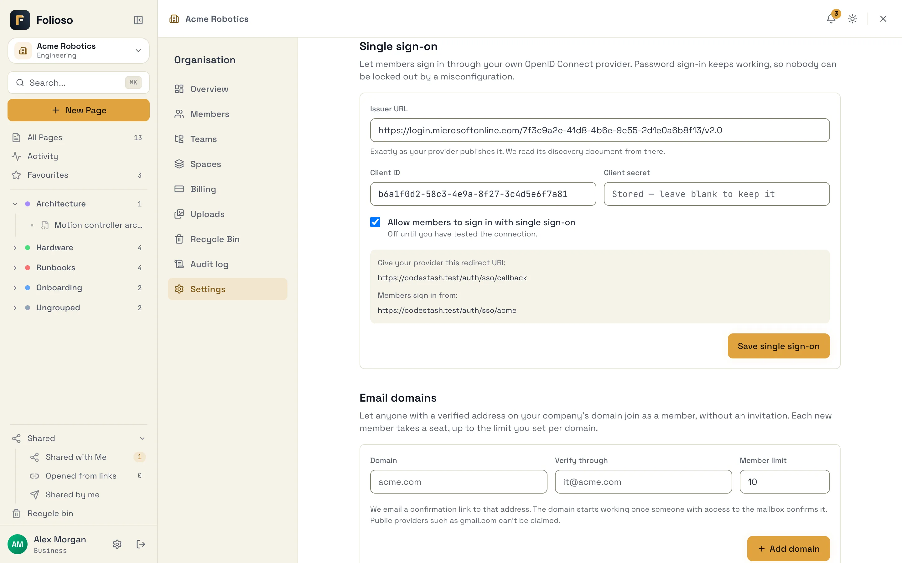 Single sign-on settings with the issuer, client ID and redirect URI