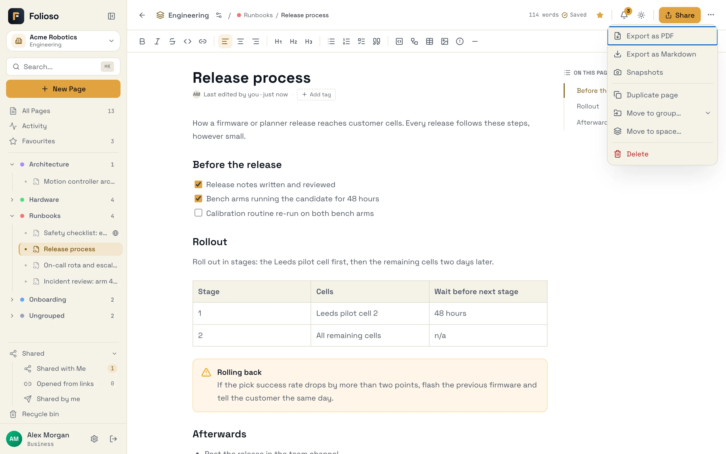 The More actions menu open in the page header, from Export as PDF down to Delete