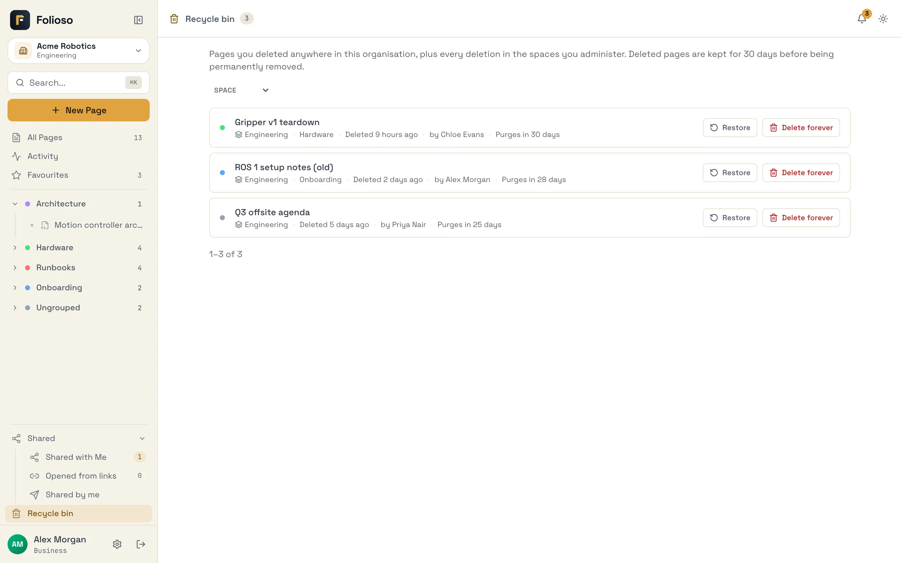 Your recycle bin, with the Space filter and Restore and Delete forever on each page