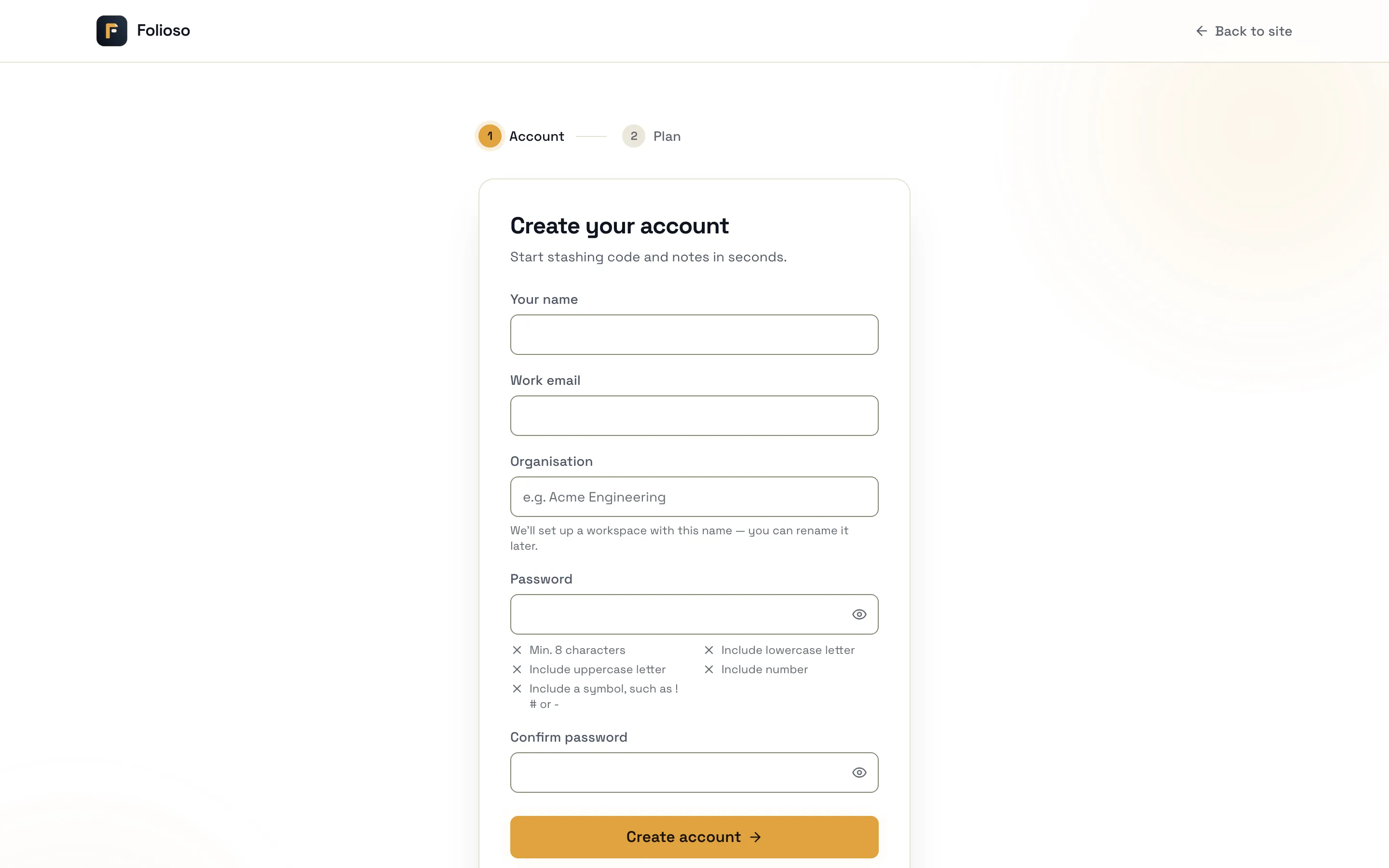 The registration form, with the password rules listed under Password