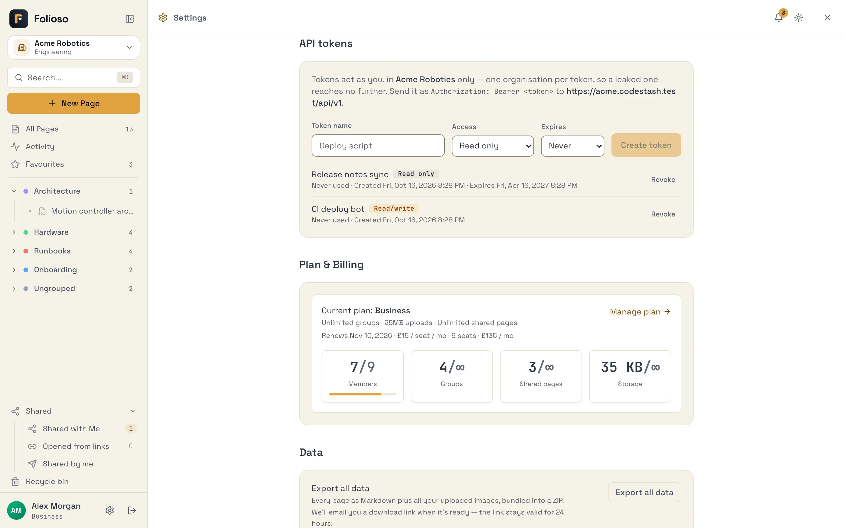 The API tokens section of account settings