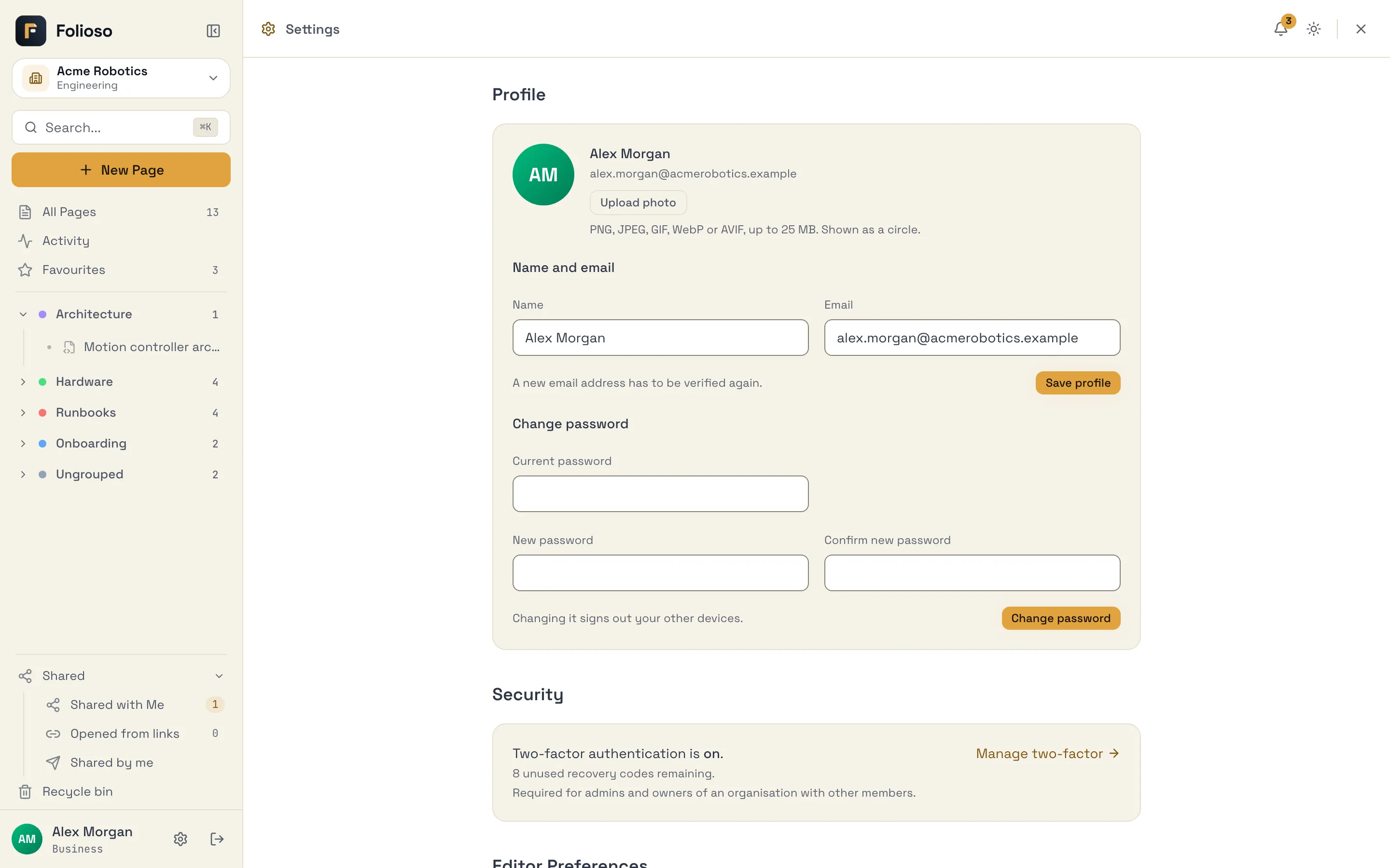 Account settings showing the profile section