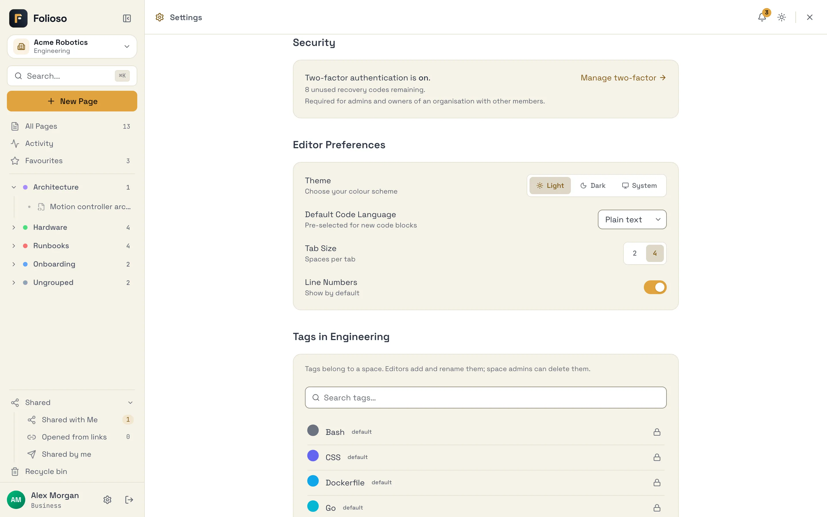 The Security section of account settings, with two-factor authentication turned on