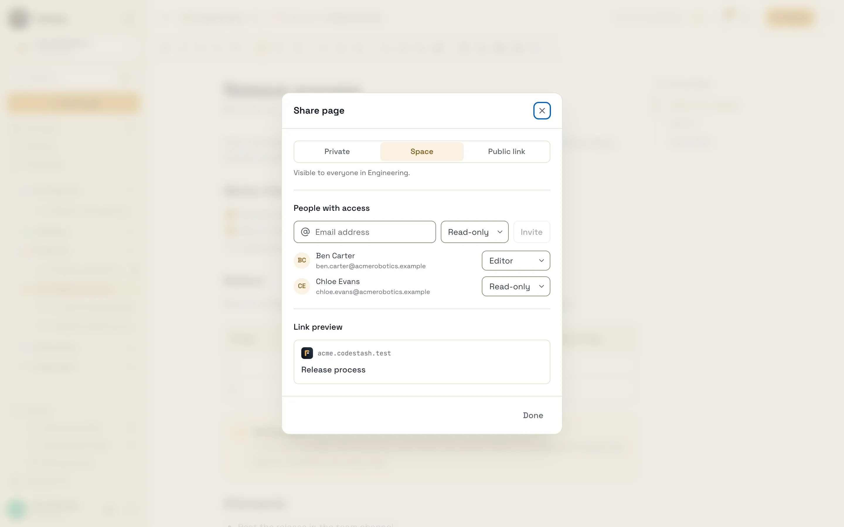 The Share page dialog, with the Private, Space and Public link switch at the top