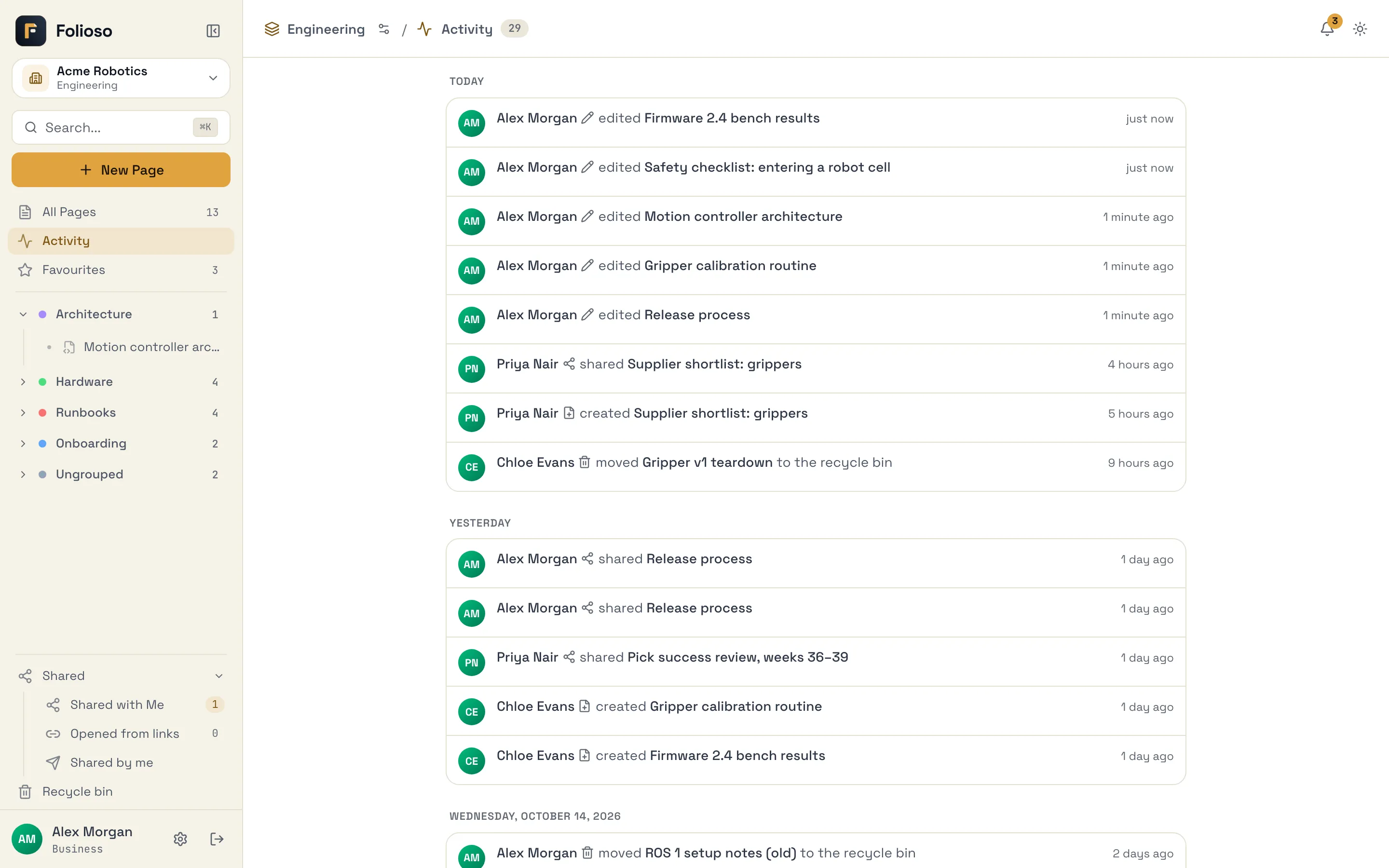 A space's activity feed, grouped under Today, Yesterday and earlier dates