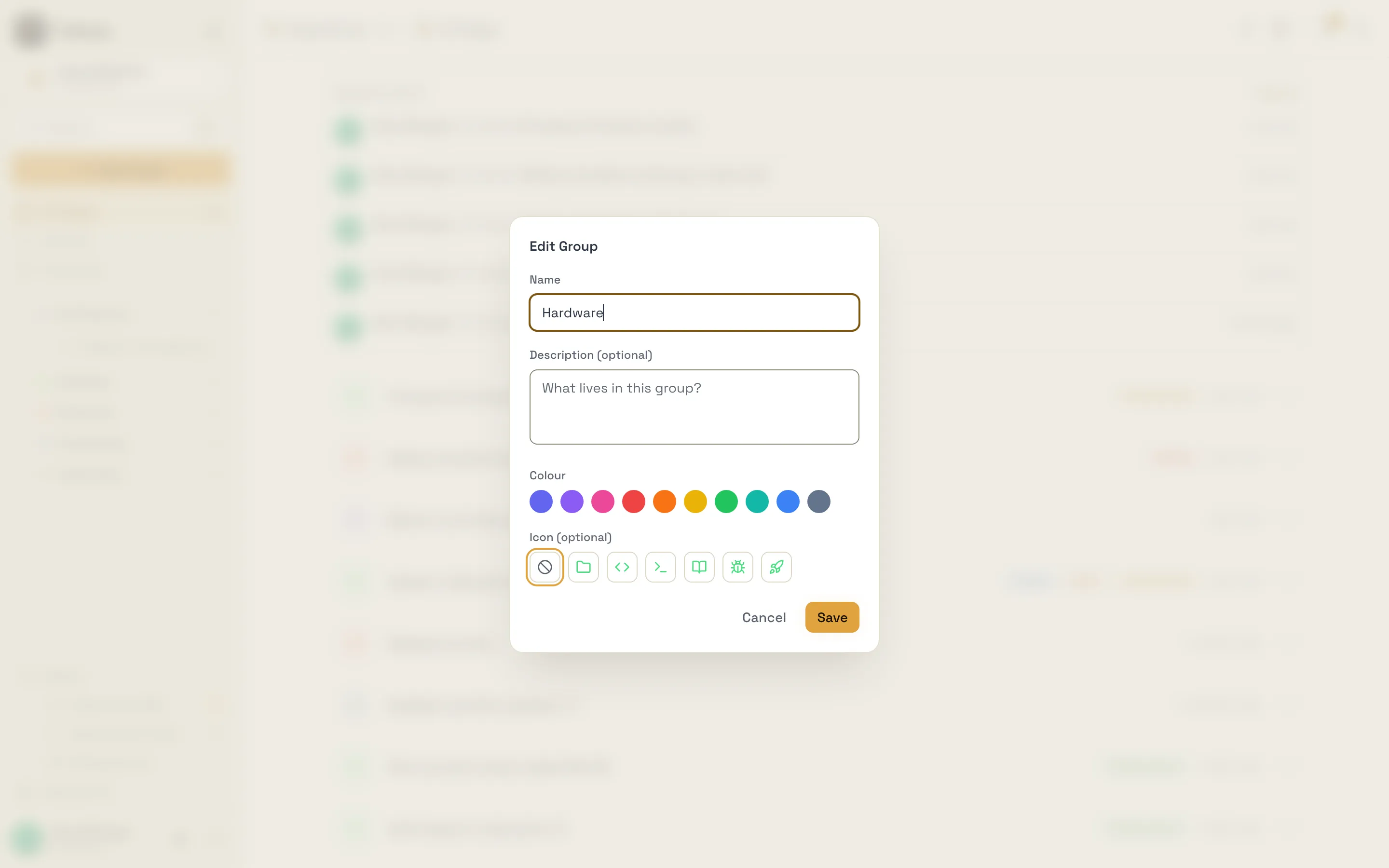 The Edit Group dialog, with Name, Description (optional), Colour and Icon (optional)