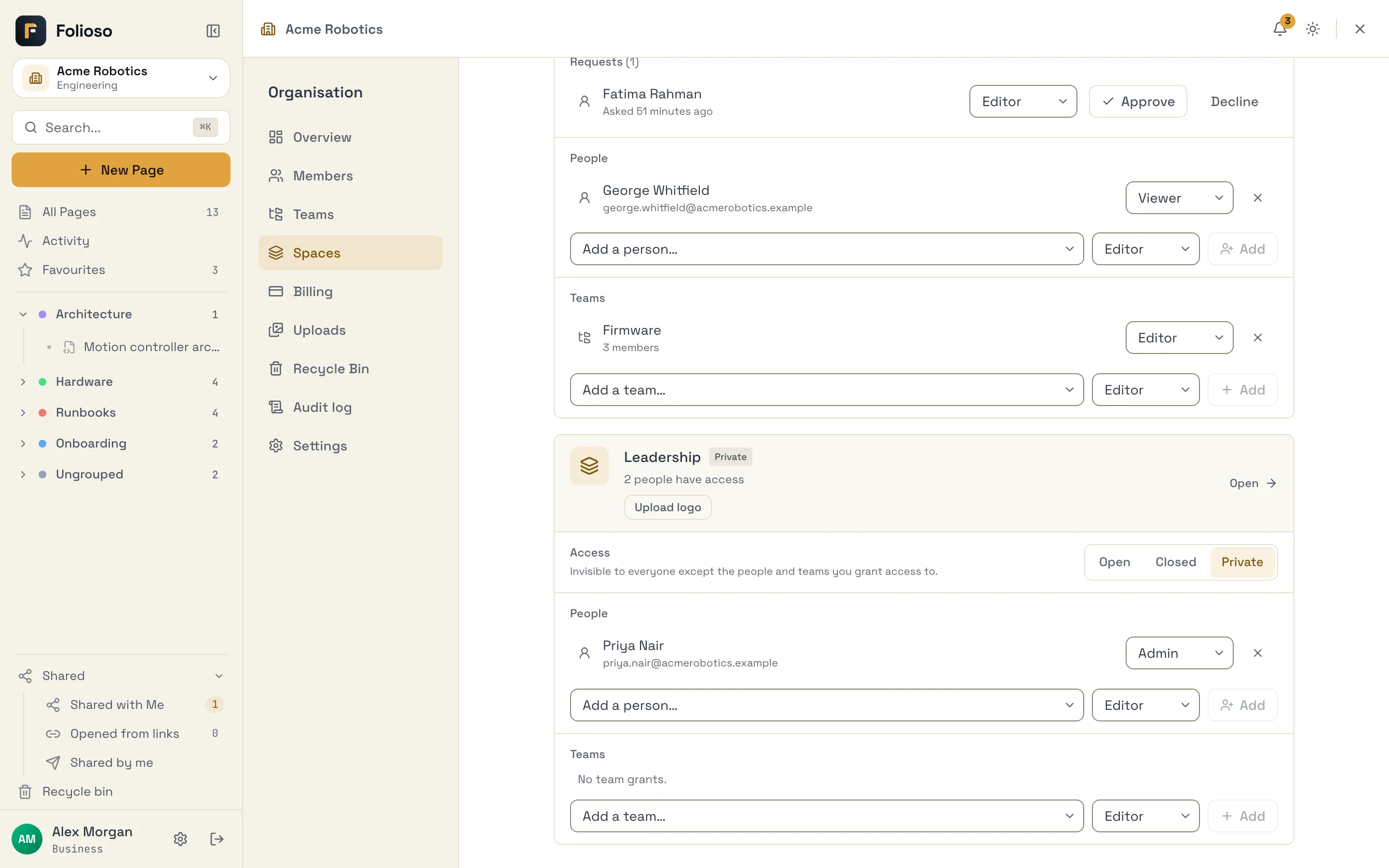 The People and Teams sections of a space's card on the Spaces tab, each grant with its role and a remove button