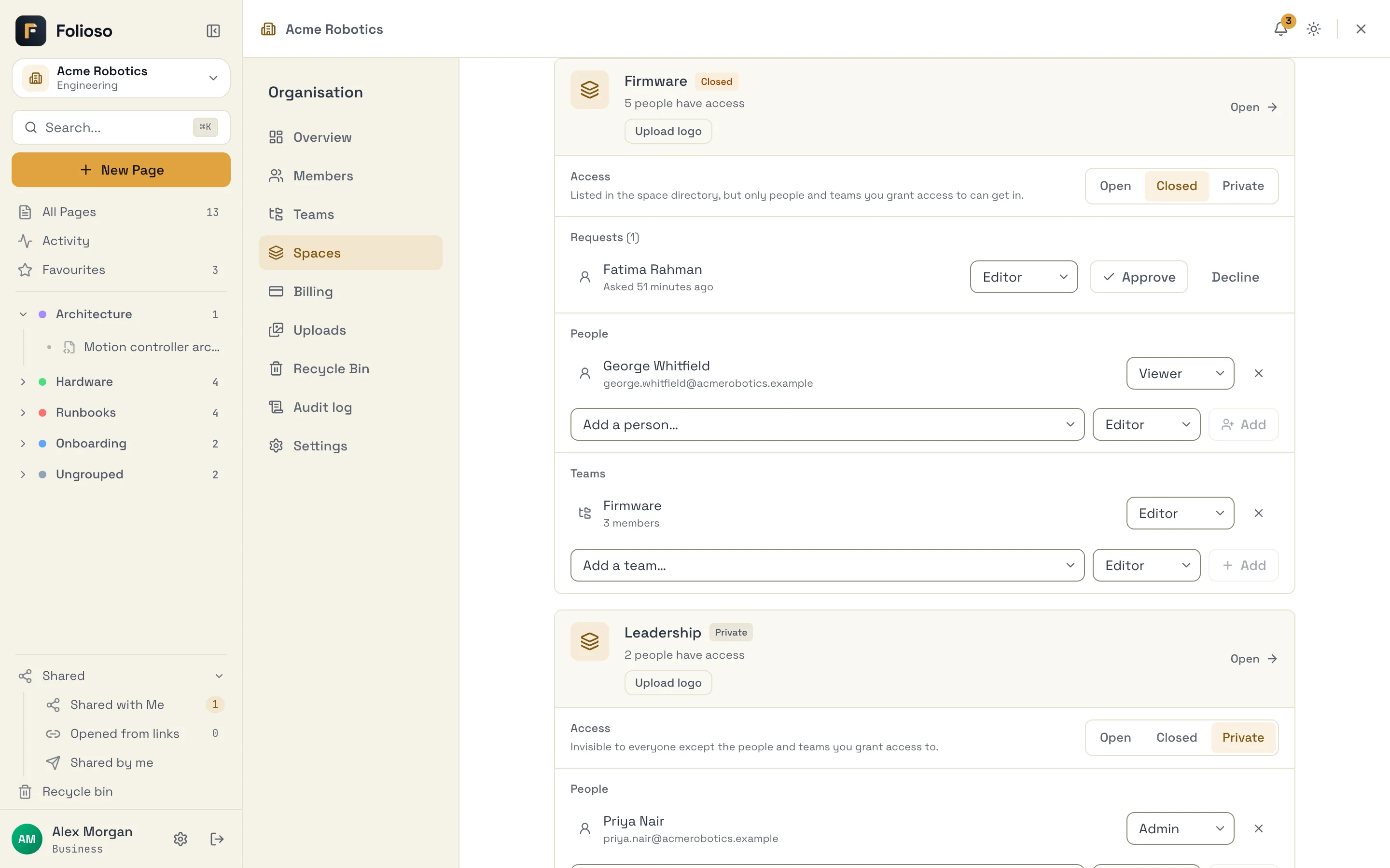 A closed space's card on the Spaces tab, with its access type, a pending access request, and the people and teams who have a role