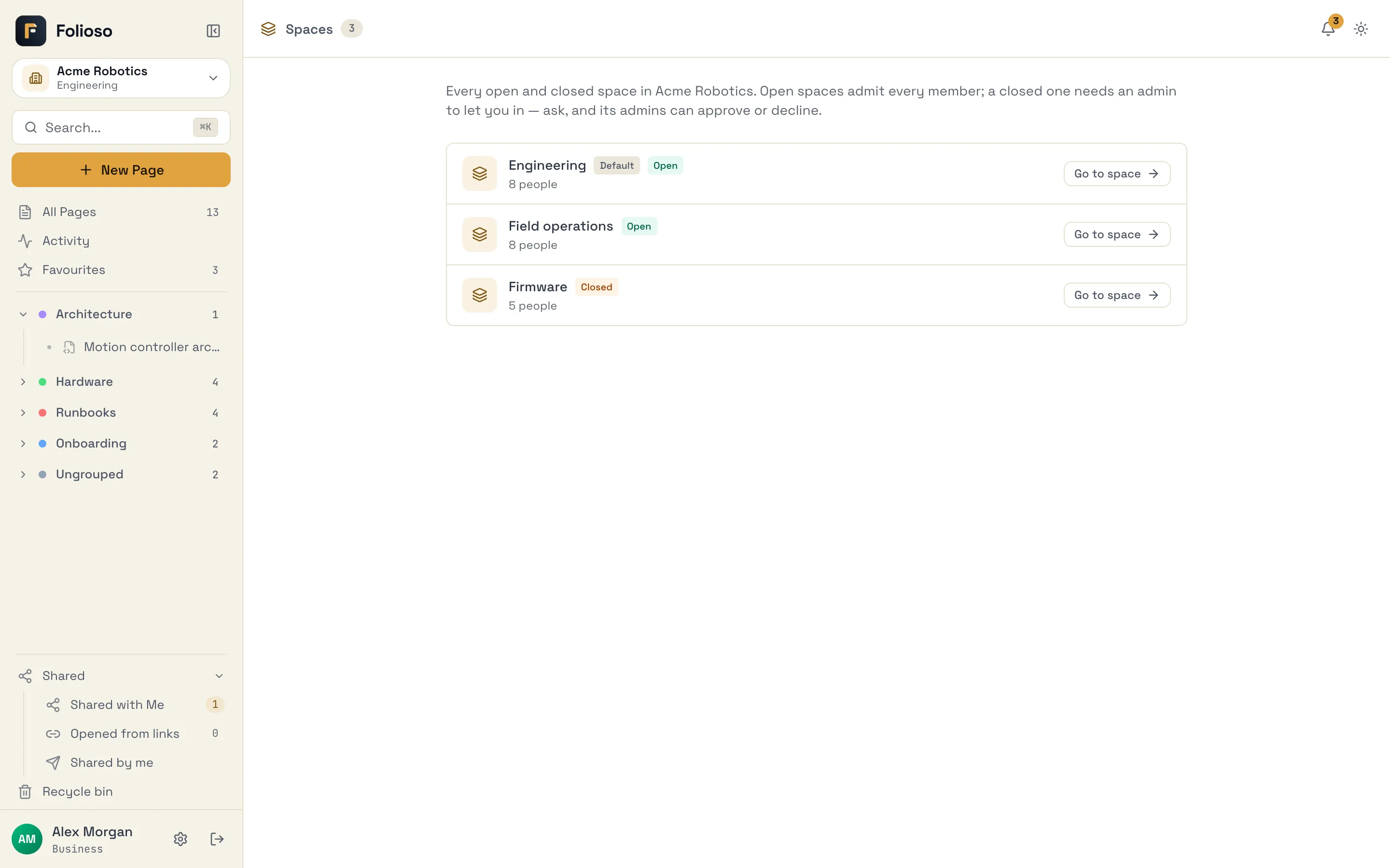 The Spaces directory, listing open and closed spaces with their access type, member count and Go to space