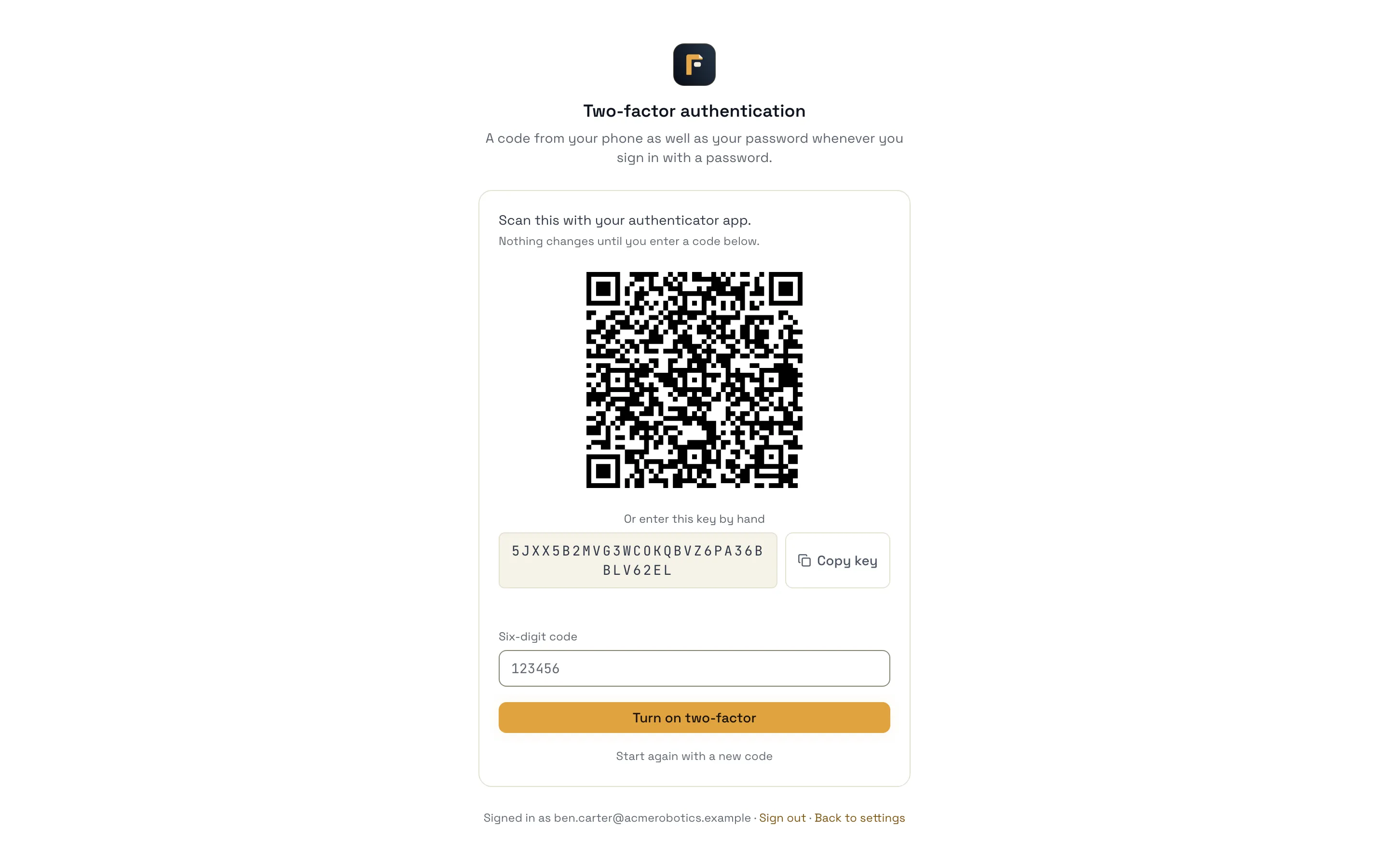 Two-factor setup with the QR code